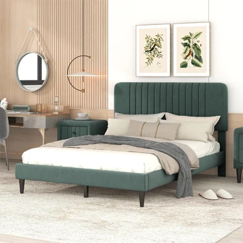 Обитая кровать-платформа с деревянными ножками, пружинный блок не требуется, бархатная ткань, полноразмерная-Зеленый