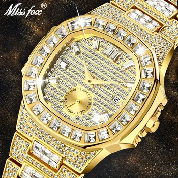 MISSFOX Роскошные мужские часы из золота 18 карат, модель с полностью выложенным багетом и бриллиантами, мужские часы с водонепроницаемым календарем, мужские часы-часы