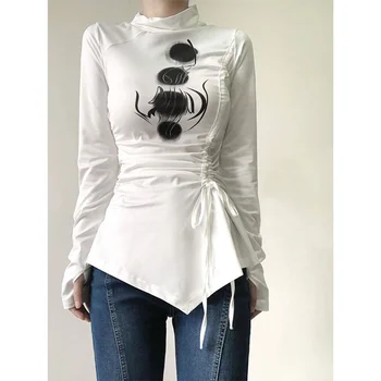 Пикантная девушка, белая футболка с высоким воротом и длинными рукавами, женская осенне-зимняя подкладка, ощущение дизайна снизу, уникальная футболка