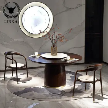 Новый китайский роскошный обеденный стол, большой круглый стол, стул из черного дерева, комбинированный бытовой мраморный поворотный стол, обеденный стол