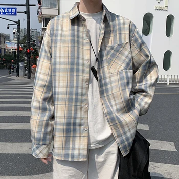 Новая Винтажная клетчатая рубашка 2023 года, мужская одежда Японско-Корейского модельера, свободные повседневные рубашки оверсайз с длинным рукавом для мужчин
