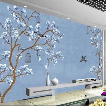 beibehang papel de parede Обои на заказ 3d фреска ручная роспись голубая птица магнолия Обои для гостиной спальни в китайском стиле