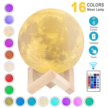 Лунная лампа с 3D-принтом, перезаряжаемая, 16 цветов, светодиодный ночник, 3D-сенсорная лунная лампа, детские светильники, ночник для дома