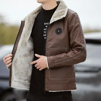 Куртка С меховым воротником, деловая однотонная куртка из искусственной кожи, мужская высококачественная зимняя теплая толстая куртка, мужская флисовая зимняя куртка