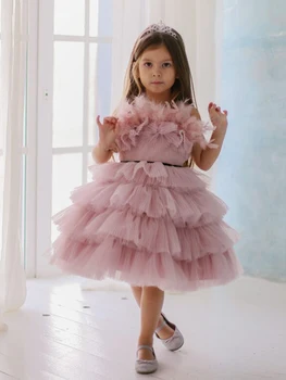 Пышное платье принцессы, многослойные платья с цветами для девочек, розовое платье с перьями для девочек, платье для свадебной вечеринки, детское платье, милое платье для первого причастия