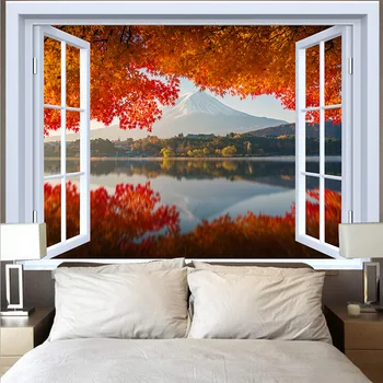 Окно очаровательный пейзаж декоративный гобелен горное озеро закат природные пейзажи гобелен эстетическое украшение дома в комнате