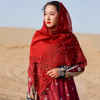 Японский высококачественный шарф ручной работы из бисера, Женская шаль, Индийский импортный шерстяной смешанный шелковый шарф, длинный винно-красный