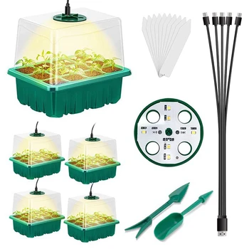 Лоток для закваски семян с подсветкой для выращивания 8 светодиодов, 5 упаковок лотков для закваски рассады с куполом влажности (60 ячеек)