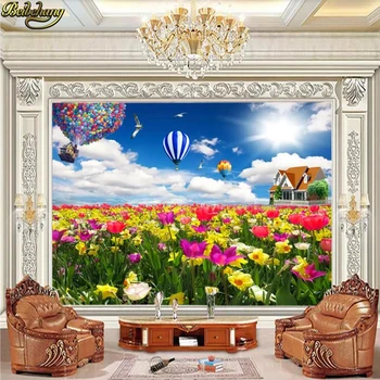настенная роспись 3D обоев beibehang на заказ голубое небо белые облака тюльпан летающий дом на воздушном шаре ТВ фон настенная роспись