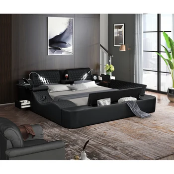 Многофункциональная кровать King Size, Деревянная Черная кровать ультраурбанистического дизайна, Умная кровать с ящиком для хранения