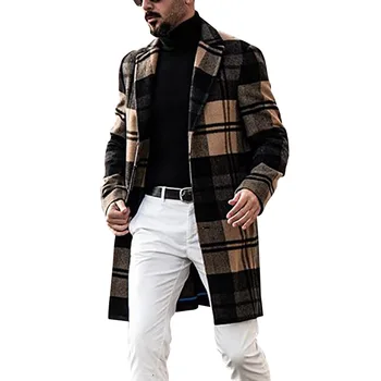 2023 Европейская и американская мужская одежда, клетчатое шерстяное тонкое повседневное мужское пальто средней длины, куртка