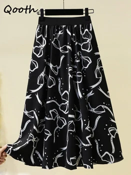 Qooth, женская юбка трапециевидной формы из шифона миди с бантом и принтом, элегантная юбка-зонтик трапециевидной формы с высокой талией на лето и весну QT2081