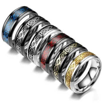 8 Цветов 8 мм мужское кольцо с драконом из нержавеющей стали, инкрустация, красное зеленое Черное кольцо из углеродного волокна, обручальное кольцо, размер ювелирных изделий 6-13
