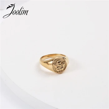 Ювелирные изделия Joolim высокого класса PVD Оптом, водонепроницаемое и не тускнеющее Модное Круглое кольцо с печатью Ангела из нержавеющей стали для женщин