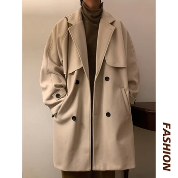 Мужской тренч, повседневное мужское длинное пальто, ветровка, осень-зима, свободный дизайн, однотонный тренч, Модные мужские куртки в корейском стиле