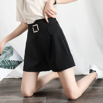 Короткие брюки для женщин, широкие женские шорты для работы в офисе с поясом, высокая талия, черная молодежная повседневная одежда в корейском стиле, горячая распродажа