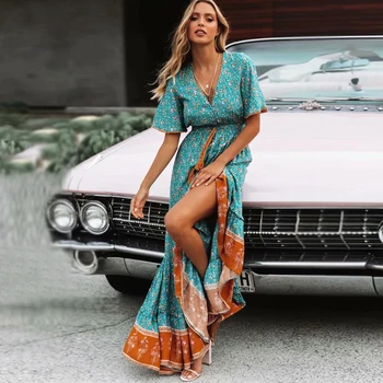 Макси-платья TEELYNN с винтажным цветочным принтом, сексуальные цыганские летние платья с глубоким v-образным вырезом, свободные женские платья в стиле хиппи, длинные платья в стиле бохо, Vestidos 2019