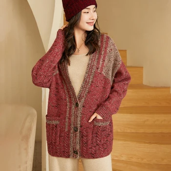Однобортный утолщенный вязаный кардиган с круглым вырезом из 100% кашемира, модный женский свитер