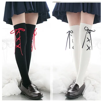 Женские чулки в стиле Лолиты, Весенние Японские Леггинсы, Kawaii, аниме, носки для девочек, черные, Белые, выше колена, носки с перекрестной лентой, косплей