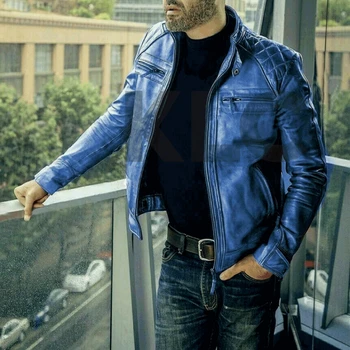 Мужская байкерская синяя кожаная куртка, стильное приталенное мотоциклетное пальто, верхняя одежда из натуральной кожи.