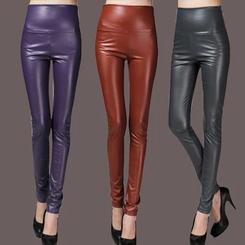 Зимние-весенние женские кожаные брюки-леггинсы Y2K с высокой талией, Растягивающиеся Женские эластичные узкие теплые брюки-карандаш