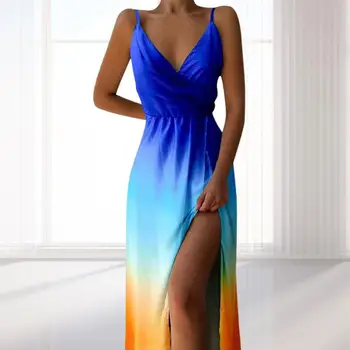Новое женское платье-слинг градиентного цвета на тонких бретельках с глубоким V-образным вырезом, без рукавов с высоким разрезом, без спинки, банкетное Макси-платье