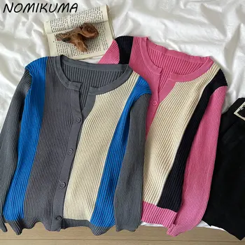 Модный хит Nomikuma, Цветной Лоскутный Трикотаж, Осень 2023, Новый женский Однобортный вязаный свитер с круглым вырезом и длинным рукавом, Кардиган
