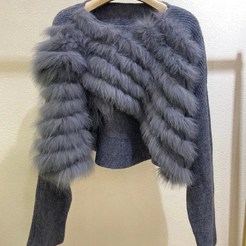 2023, Женский короткий свитер из натурального меха, осенне-зимнее пальто, модный короткий свитер особого дизайна из натурального лисьего меха, Сексуальный Короткий свитер