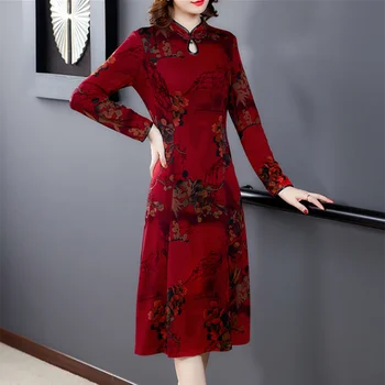 Женское Облегающее Красное платье Миди с цветочным рисунком в китайском стиле, Весна-осень, Винтажное вязаное хлопчатобумажное платье 2023, Элегантное повседневное праздничное платье для вечеринок