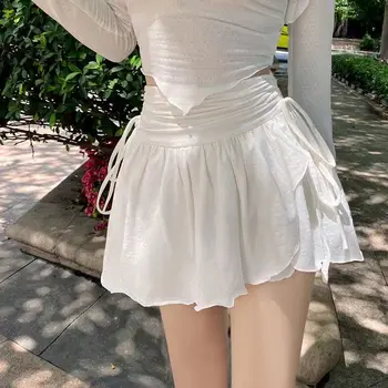 2023 Белая мини-юбка Kawaii Boho, женские складки на шнурке, Высокая талия, Нерегулярные Короткие юбки Fairycore в стиле пэчворк с рюшами, Mori Girl