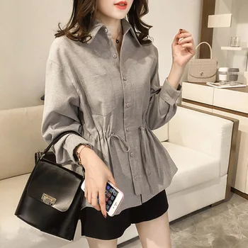 Женская Корейская тонкая блузка с отложным воротником, пуговицами, карманами на шнуровке, рубашки, топы для женской рабочей одежды OL FFJR-04