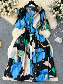 Женское платье YuooMuoo, модное платье-рубашка с отложным воротником и цветочным принтом, элегантное женское летнее платье Robe Femme