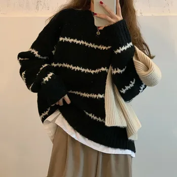 Полосатый свитер, женская новая весенне-осенняя одежда в непринужденном ленивом стиле, повседневный универсальный вязаный топ с длинным рукавом