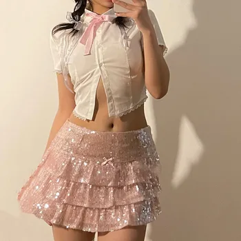 Модная женская милая короткая рубашка с кружевным бантом + розовые блестки, короткая юбка с низкой талией, костюм с юбкой-тортом, комплект из двух предметов для женщин