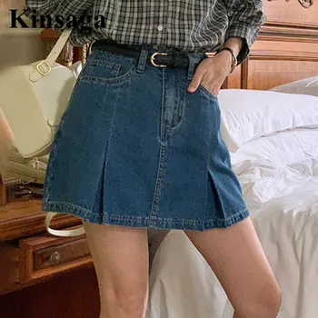 Привлекательная юбка со складками трапециевидной формы, джинсы, уличный разрез Psycho для девочек, плиссированная упаковка в стиле пэчворк, модные мини-юбки, сексуальные облегающие плавки