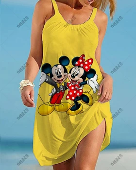 Disney Minnie Mouse Женское Модное Летнее Платье Без Рукавов с 3D Принтом Красителя И Открытой Спиной, Повседневное Сексуальное Платье, Свободное Платье Kawaii