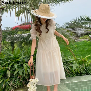 Лето 2023, новая Однотонная Эстетическая Мода, французская серия Kikyo First Love Sen, платье с пузырчатым рукавом и завязками на талии, дизайн платья