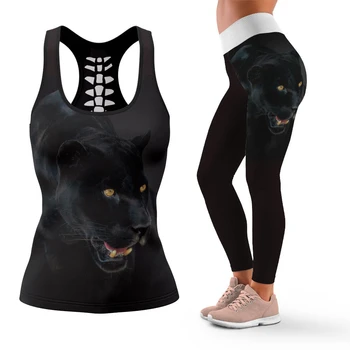 Летняя женская мода, леггинсы для йоги с 3D принтом Jaguar Tiger, Летний жилет для женщин, спортивный костюм, топы для йоги, леггинсы, костюм