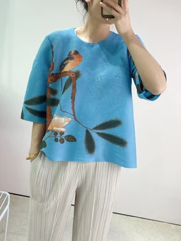 Плиссированные топы с принтом Miyake 2023, Летний повседневный стиль, Модная свободная футболка большого размера с круглым вырезом, дизайнерская одежда, женская роскошь