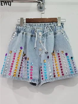 [EWQ] Женские джинсовые шорты с цветными бриллиантами и высокой талией, винтажные ширинки на пуговицах, широкие короткие брюки, новинка лета 2023, 16Y7951