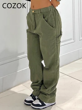 Cozok Винтажные брюки-карго, женские мешковатые широкие брюки с множеством карманов, уличная одежда 90-х годов, прямые джинсовые брюки Y2K с низкой талией, комбинезоны