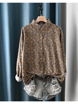 Хлопчатобумажная рубашка с длинными рукавами и цветочным принтом в стиле ретро Lamtrip, Женская блузка 2022, Осень-зима