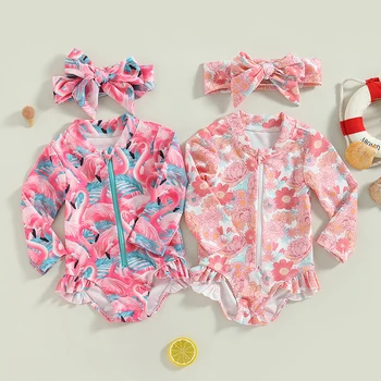 Купальник для девочек, купальники с фламинго / цветочным принтом, купальный костюм, детская одежда на молнии с длинным рукавом, купальники с головными уборами