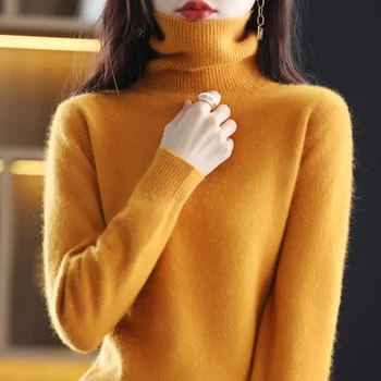 Осенне-зимний новый женский свитер из 100% норкового бархата, вязаный пуловер с высоким воротом, тонкий модный мягкий теплый однотонный топ из 23 цветов