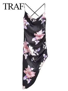 Женское модное платье TRAF с завязками на спине, Цветочный принт, Асимметричные винтажные миди на тонких бретелях крест-накрест, Шикарные платья