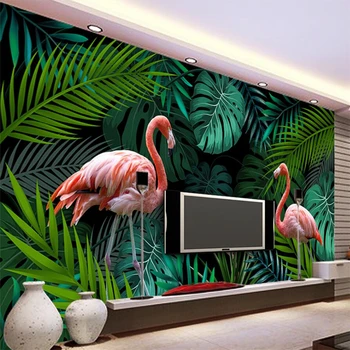 wellyu Современная ручная роспись тропического леса с фламинго на заднем плане стены на заказ большая фреска зеленые обои papel de parede para quarto