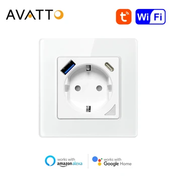 Розетка Wi-Fi стандарта ЕС AVATTO, Умная розетка Tuya с зарядкой USB / Type-C, дистанционное управление с приложением, Работа для Alexa Google Home