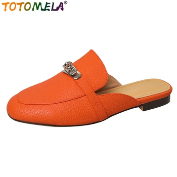 TOTOMELA / большие размеры 34-44, новая обувь из натуральной кожи, женские тапочки, шлепанцы на плоской подошве с пряжкой, женская брендовая дизайнерская роскошная летняя обувь