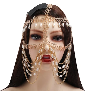 Женская цепочка для лица с подвеской из искусственного жемчуга, Маскарадная маска с кисточками, Вуаль для танца живота, повязка на голову для косплея, ювелирные изделия