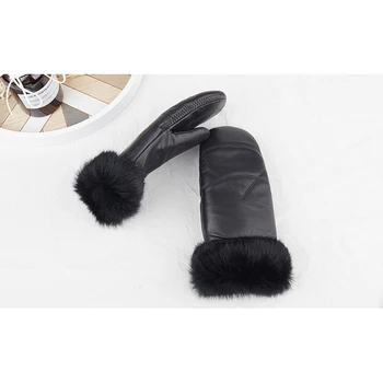 Роскошные импортные кожаные перчатки из натурального меха кролика Рекс женские черные зимние перчатки из натуральной овчины Подлинные толстые теплые перчатки